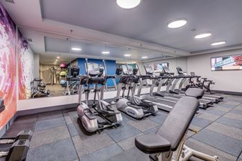 Lux apartments bellevue wa 24-hour fitness center amenity with ellipticals, treadmills, free weights, and strength training machines